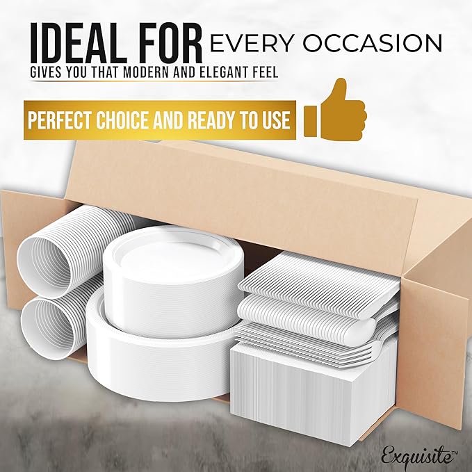 Party Solids 350 Pieces White Plastic Plates For Party, White Disposable Plates Set, 50 Of Each 9" Dinner Plate Set, 7" Dessert Plate, Cups, Napkins & Cutlery Plastic Dinnerware Set