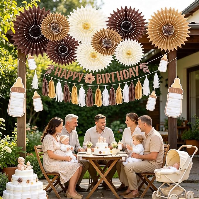 Brown Birthday Party Decorations for Women Neutral Boho Happy Banner Banner Brown Cream Honeycomb Paper Fans Hanging Tassel Garland Rustic Wedding Baby Shower Western Cowboy Party Supplies