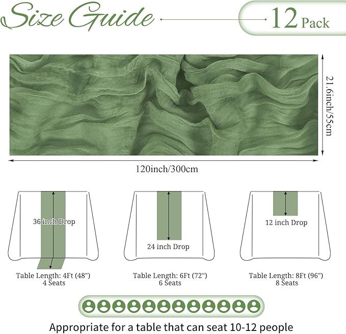 12 Pack Sage Green Cheesecloth Table Runner 10FT Boho Gauze Cheese Cloth Table Runner Rustic Sheer Fabric Table Runners for Wedding Bridal Shower Baby Shower Party(21.5×120 Inch)
