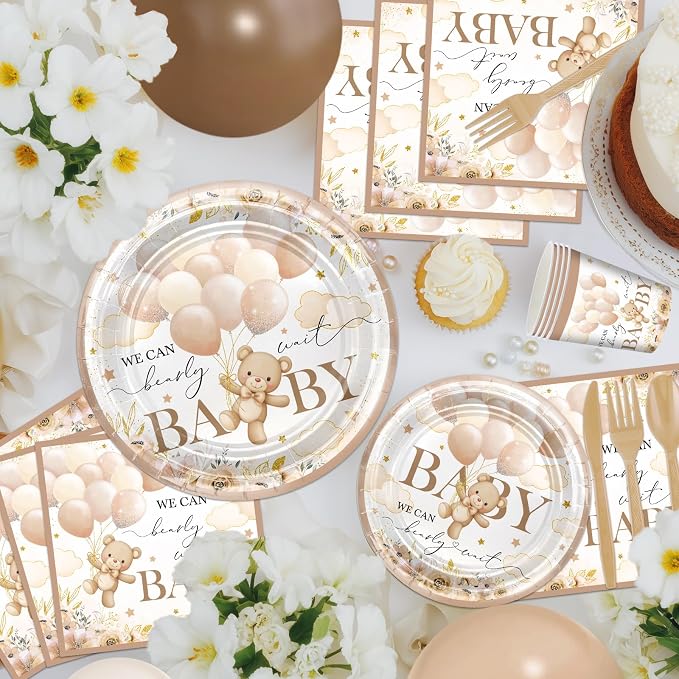 270 Pcs We Can Bearly Wait Baby Shower Decorations: Bear Baby Shower Banner Balloons Disposable Bear Themed Plates and Napkins Cups Tablecloth, Serve 24