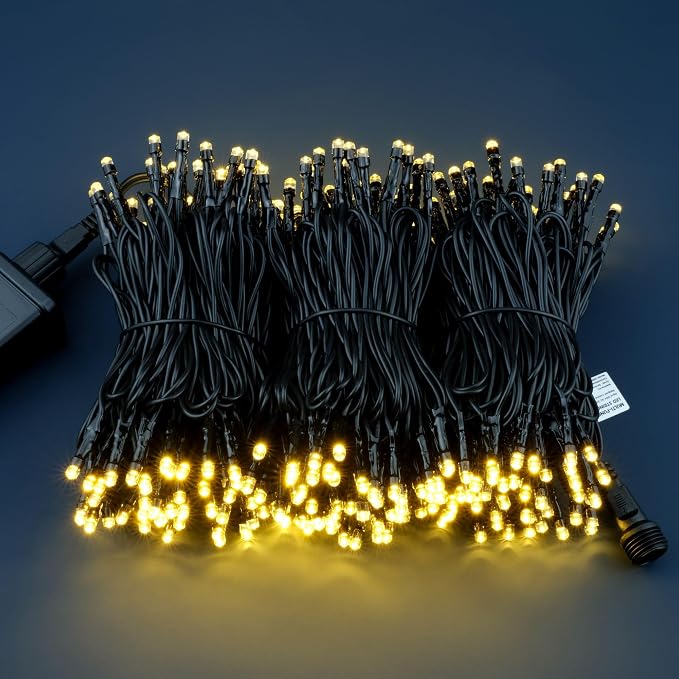 YULETIME 300 Warm White String Lights, 100 ft 8 Models Black Wire 5mm LED | Wide Angle Bulbs, Safe 29V Adapter, Multimode Lighting, Connectable, 100' Total Length, 1-Strand 300 Lights, 4" Spacing