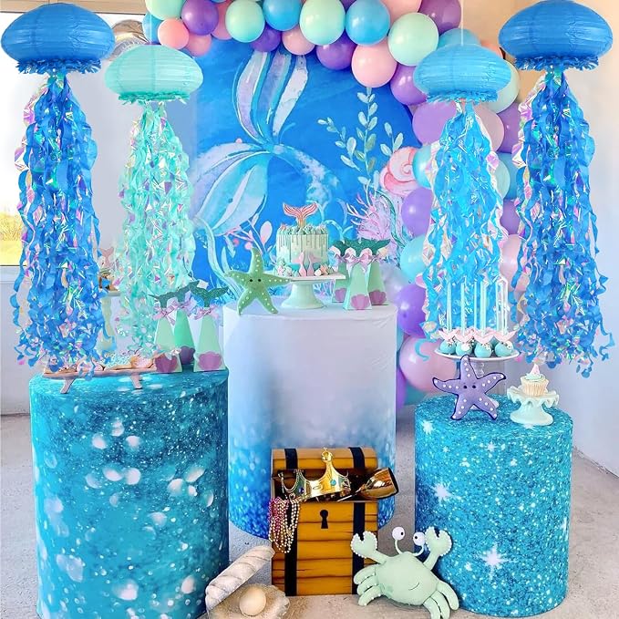 10" Blue Jellyfish Paper Lanterns, Under The Sea Party Decorations, Mermaid Birthday Decorations for Girls, Hanging Ocean Themed Pool & Beach Party Decor, DIY Jellyfish Lamp Room Decor, 6 PCS