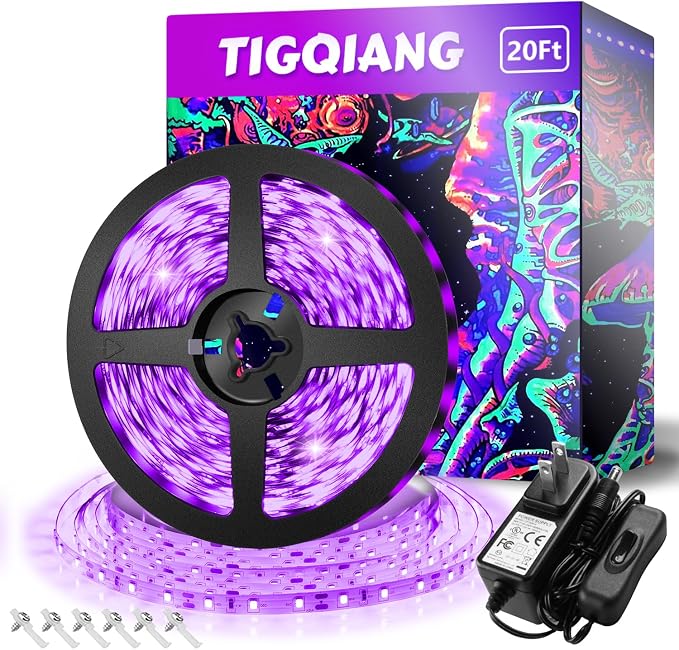 TigQiang Black Light Strip, 20ft/6M Flexible LED Black Light with kit, 360 lamp Beads, 12V LED Light, Non-Waterproof for Indoor Fluorescent Dance Party, Stage, Birthday, Wedding, Dark Party