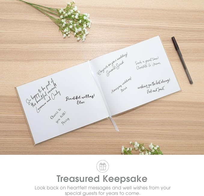 Pearhead Linen Wedding Guest Book with White Script, Elegant Bridal Shower & Wedding Keepsake, Includes Pen, 100 Blank Pages, 7 x 9, Beige