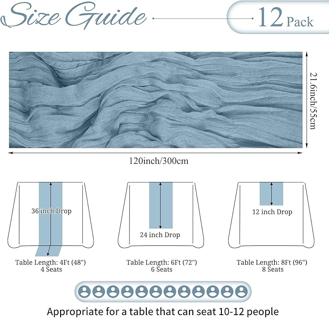 12 Pack Dusty Blue Cheesecloth Table Runner 10FT Dusty Blue Boho Gauze Cheese Cloth Table Runner Rustic Sheer Fabric Table Runners for Wedding Bridal Shower Baby Shower Party(21.5×120 Inch)