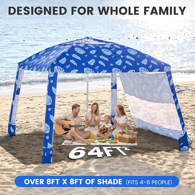 Zeraty Beach Cabana 8'×8', Portable Beach Canopy with Side Wall, UPF 50+ Silver-Coated Beach Tent Sun Shelter Easy Pop Up, Wind Resistant Adjustable Height Beach Umbrella Tent for Family, Coastal