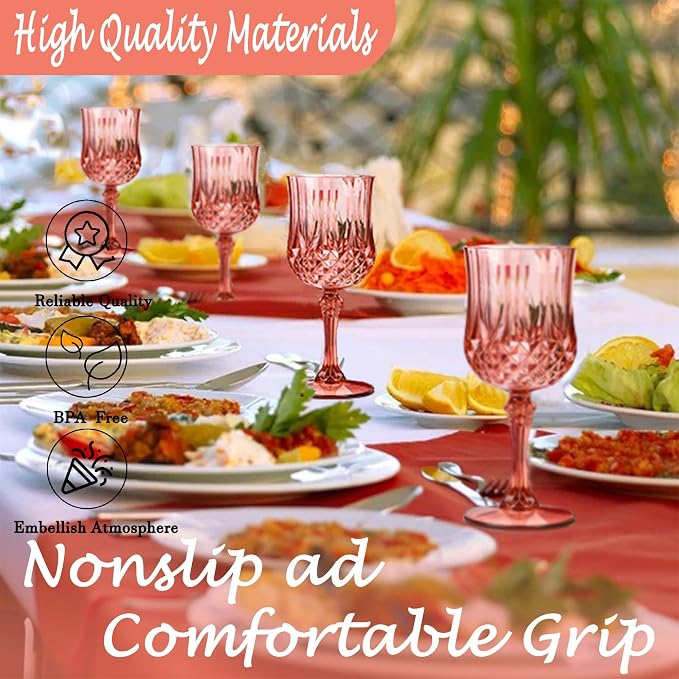 Plastic Wine Glasses, Plastic Goblets Vintage Style Cordial Unbreakable Drinking Glasses, Reusable Drinkware for Wedding Reception, Grand Event Party Supplies (24, Rose Gold)