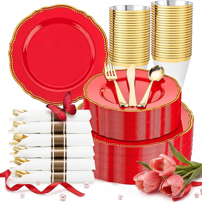 Hioasis 350pcs Red Gold Plastic Plates - Red Plastic Dinnerware Set Includes 50 Dinner Plates, 50 Dessert Dinnerware, 50 Cups, 50 Pre-rolled Napkins Perfect for Wedding & Party &Mother’s Day