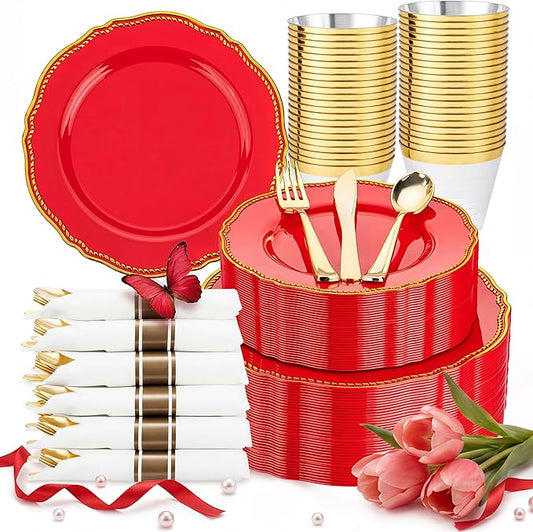 Hioasis 350pcs Red Gold Plastic Plates - Red Plastic Dinnerware Set Includes 50 Dinner Plates, 50 Dessert Dinnerware, 50 Cups, 50 Pre-rolled Napkins Perfect for Wedding & Party &Mother’s Day