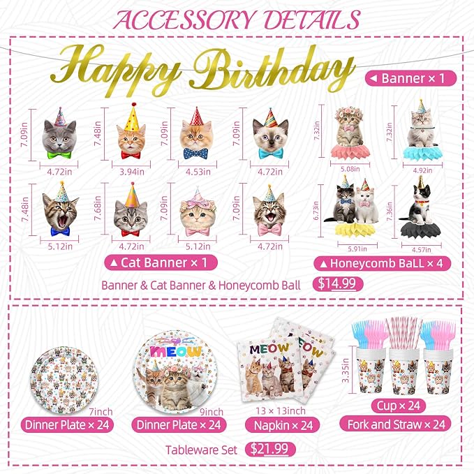 Cat Birthday Decorations with 9" & 7" Plates, Napkins, Tablecloth, Cake Topper, Pre-assembled Banner & Honeycomb Centerpieces & Balloon for Cat Themed Birthday Party Decorations