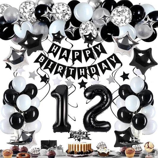 12th Birthday Decorations for Boy Girl, Black White and Silver Happy 12 Party Decor Set with 12 Number Foil Balloons, Banner, Cake Topper for Him Her