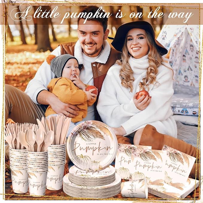168 Pcs a Sweet Little Pumpkin Is on The Way Baby Shower Decorations Fall Baby Shower Decorations Boho Pink Pumpkin Autumn Party Favors Pampas Grass Floral Disposable Tableware Set Serve 24