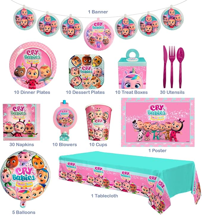 Cry Babies Birthday Party Kit – All-in-One Party Pack for 10 Kids with Licensed Decorations, Tableware, Treat Boxes, Foil Balloons, and Poster for Cry Babies-Themed Celebration