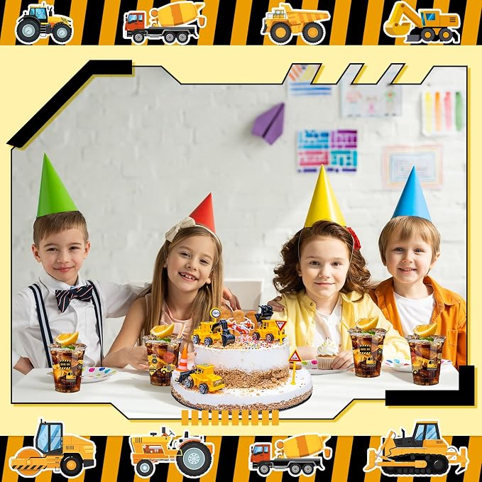 FoldTier 50 Pcs Construction Cups 12 oz Traffic Zone Birthday Glasses Plastic Dump Truck Construction Drinking Cups for Home Traffic Zone Birthday Party Favors Supplies Decoration