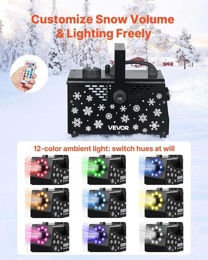 VEVOR 900W Snow Machine with 9 LED RGB Lights, 12 LED Lighting Colors, and Wireless Remote, Handheld/Hanging Outdoor Snowflake Machine Fake Snow Machines with 1L Tank for Christmas Party