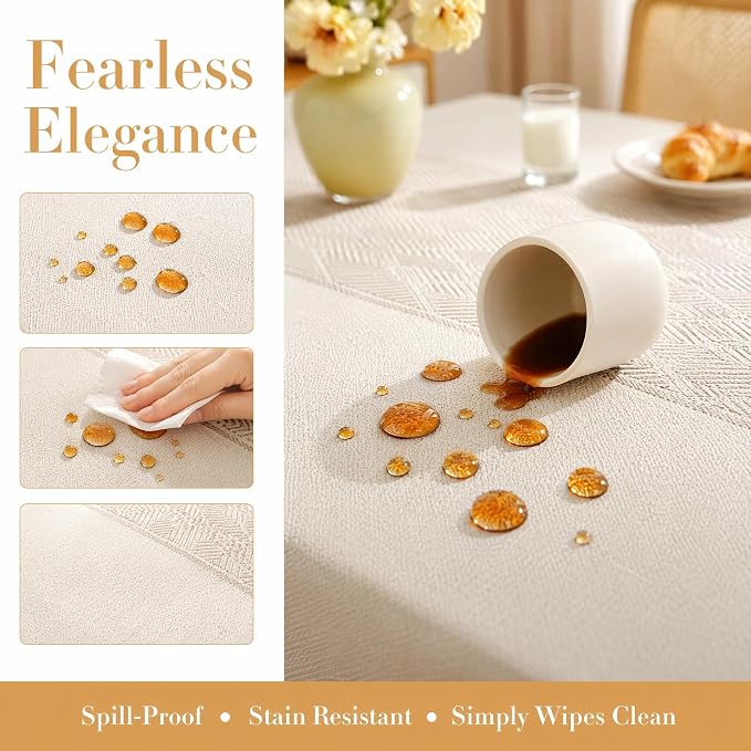 Nordic Faux Linen Tablecloth, Rectangle Modern Cream Beige Cover | Stain Resistant & Spillproof Minimalist Solid Table Cloth for Kitchen Dining Room Dinner Decor