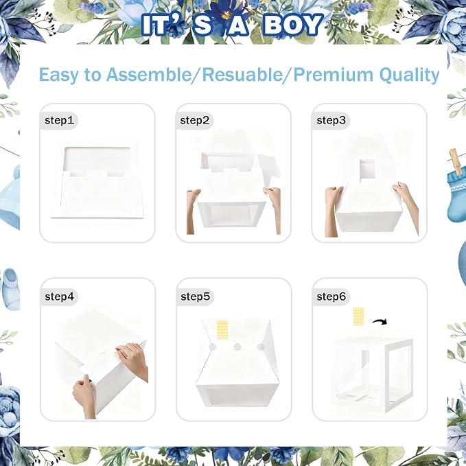 Blue Baby Boy Shower Decorations with 4pcs Balloon Boxes, 70pcs Balloon Garland Arch Kit, "It's a Boy" Backdrop, Tablecloth, Cake Toppers - Watercolor Clothesline Theme Party Supplies