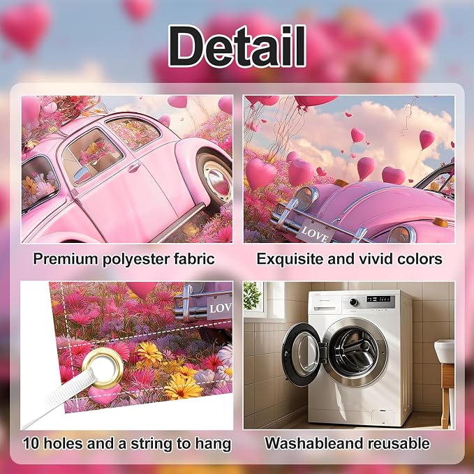 Pink Beetle Garage Door Banner Cover 7x16FT Waterproof – Love Car & Heart Balloons Backdrop with Floral,Indoor Outdoor Decor for Mother's Day,Wedding,Proposal & Photo Booth