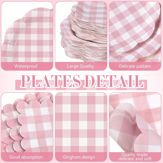 Funnymoom 452 Pcs Pink Gingham Party Supplies for 50 Guests, Pink Gingham Paper Plates Napkins Cup Tablecloth Disposable Tableware for Wedding Bridal & Baby Shower Party BBQ Picnic Birthday Decoration