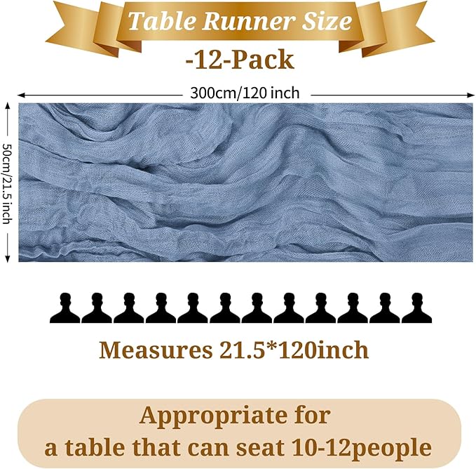 12 Pack Dusty Blue Table Runner, 10FT Cheesecloth Table Runner Long Romantic Semi Sheer Rustic Boho Gauze Table Runners for Wedding Bridal Shower Birthday Party Decorations(21.5×120 Inch)