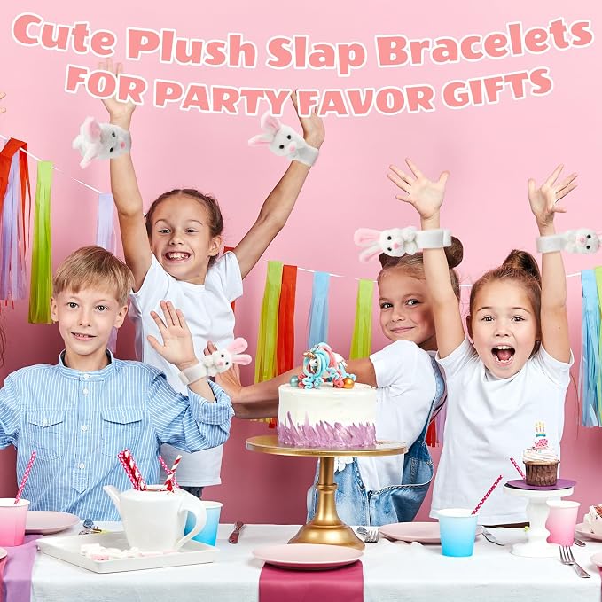 Lenwen 8 Pcs Stuffed Bunny Rabbit Animals Slap Bracelets for Kids 8.66 Inch Back to School Plush Animal Bracelets Adopt a Bunny Party Favors Wrist Slap Snap Band Toy for Boys Girls Birthday Gifts