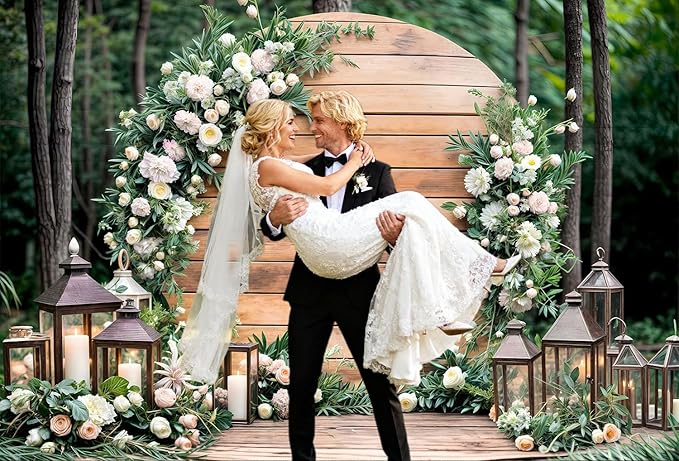 7X5ft Floral Wedding Photography Backdrop Vintage Wood Arch with White Pink Roses Bridal Newborn Birthday Party Decor Props for Studio Photo Shoots Anniversaries