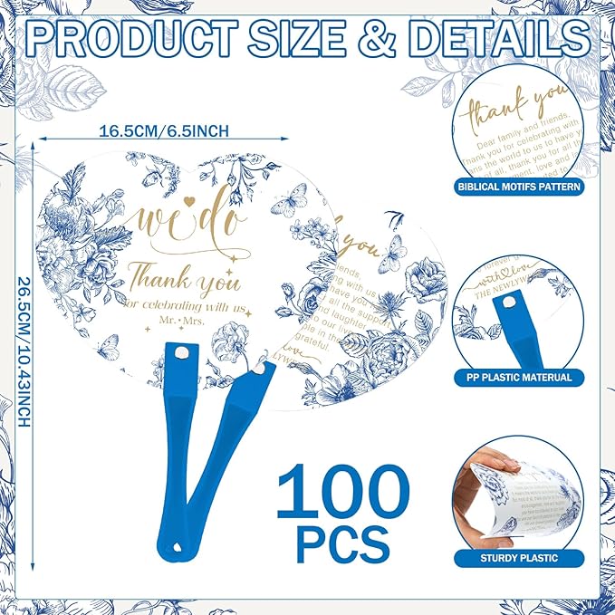 Roowest Wedding Favors for Guests Bulk 100 Pcs Chinoiserie Japanese Wedding Hand Fans and 1 Table Sign Blue and White Portable Plastic Fan with Wooden Handle for Bridal Shower Party Favor Gift