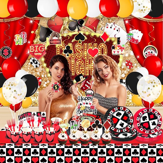 175Pcs Casino Party Decorations Set, with Plates Cup Tableware, Casino Backdrop, Foil Balloons, Balloons Stand, Birthday Banner, Cake Topper, for Las Vegas Poker Casino Night Party Supplies