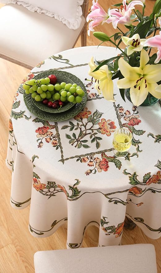 patdrea Vintage French Linen Tablecloth,Round,Diameter 55"-Santiago C | Beautiful Print Table Cloth for Round Table,Colorful Floral Patterned,for Dining Room Tea Party Thanksgiving