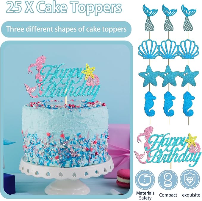 UJoyant 299 Pcs Mermaid Birthday Decorations, Mermaid Party Decorations Kit - Disposable Dinnerware Set with 25 Guests, Backdrop, Balloon, Banner, Tablecloth, Knives, Forks, Spoons, CakeTopper
