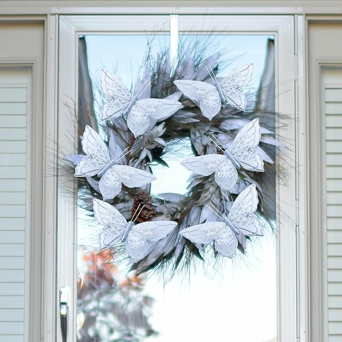 YCHTEWY- Artificial Butterfly for Decoration Silvery Ornament Tree Set of 12 with Wire Valentine's Day Gift Christmas and Wedding Decoration
