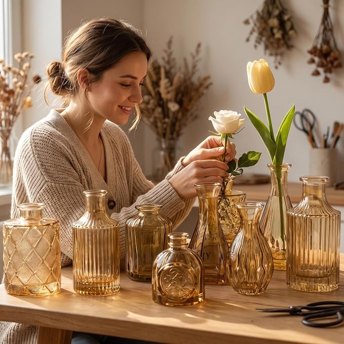 Mini Bud Vases Centerpieces for Tables,Clear Bud Vases for Flowers,Small Flower Vases Suitable for Birthday Party,Anniversary,Wedding Reception,Baby Shower (Gold, 12PCS)