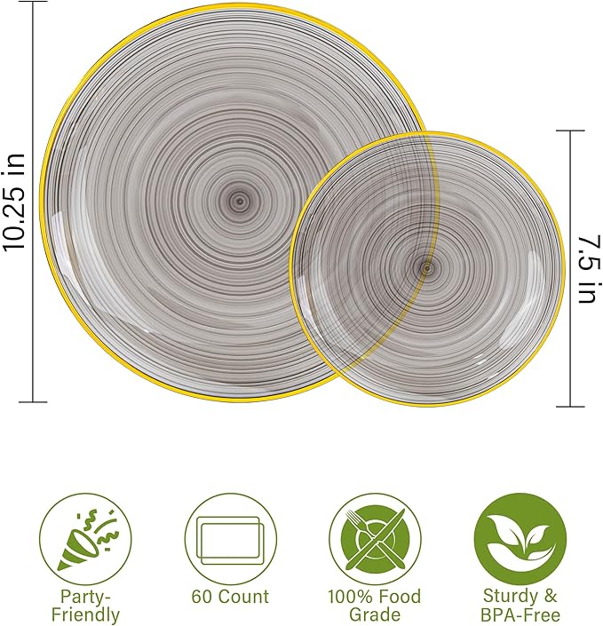 Morejoy 60Pcs Black Plastic Plates,Black Disposable Plates With Gold Rim,Heavy-duty Gold plate, Modern swirl design Plate Include 30 Dessert-plates,30Dinner-plates for Party,New Year