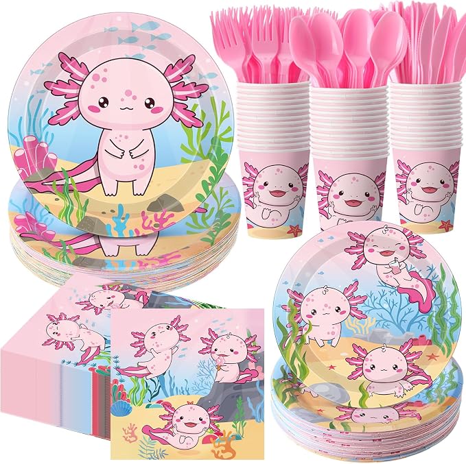 Funnymoom 400 Pcs Axolotl Birthday Party Supplies for 50 Guests Pink Cartoon Axolotl Paper Plates and Napkins Knives Spoon Fork Cup Disposable Reptile Animals Dinner Sets for Baby Shower Party