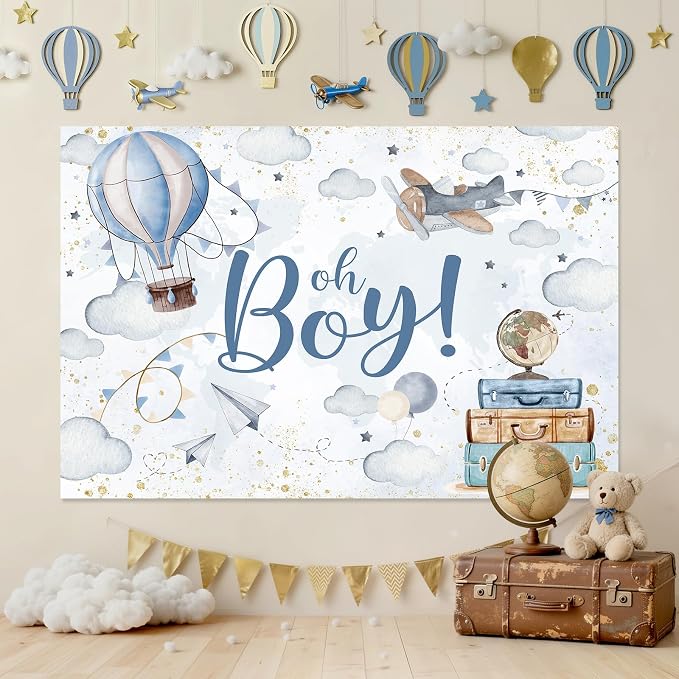 Lofaris 5x3ft Oh Boy Baby Shower Backdrop for Kids Boy Party Decoration Cloud Hot Balloon Adventure Begins Travel Around The World Airplane Up Up and Away Photography Background Banner Photo Booth