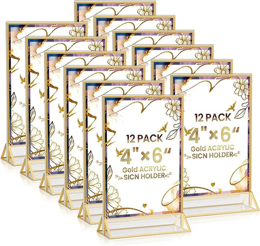 Acrylic Gold Sign Holders 4x6, 12 Pack Wedding Gold Table Number Holders