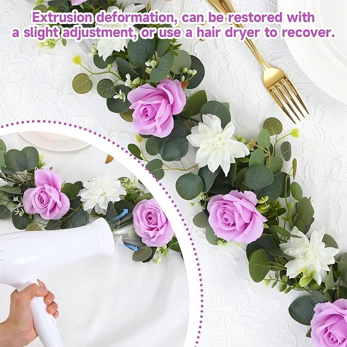 4 Pack Wedding Garland Set, Purple Rose & White Dahlia Hanging Flower Vines for Wedding Arch, Backdrop, Mantel, Home Decor (5.91ft)