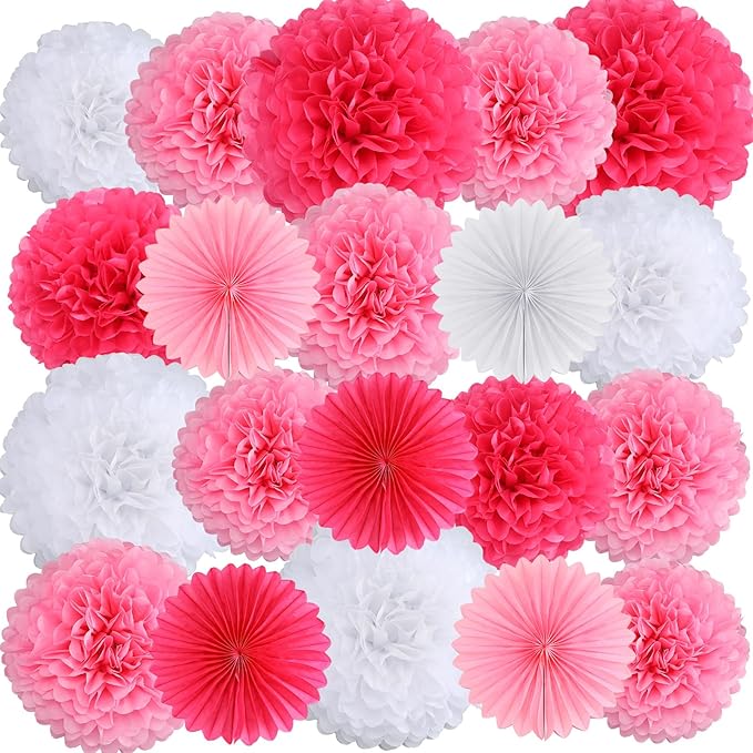 Janinka 60 Pcs Pink Party Decorations- Tissue Paper Pom Poms and Fans Ceiling Decorations Tissue Flowers for Birthday, Baby Shower, Bachelorette Bridal Wedding Supplies