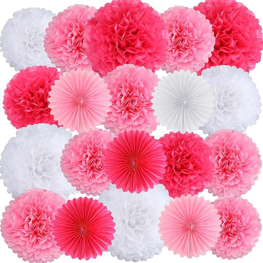 Janinka 60 Pcs Pink Party Decorations- Tissue Paper Pom Poms and Fans Ceiling Decorations Tissue Flowers for Birthday, Baby Shower, Bachelorette Bridal Wedding Supplies