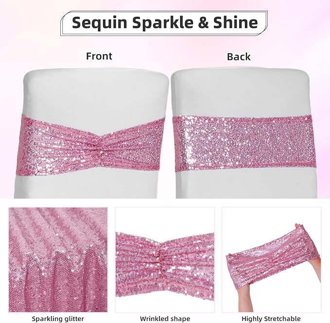 Poise3EHome Fuchsia Pink Sequin Chair Sashes Folding Chair Covers Bow for Wedding Party Reception Decorations, 50 PCS