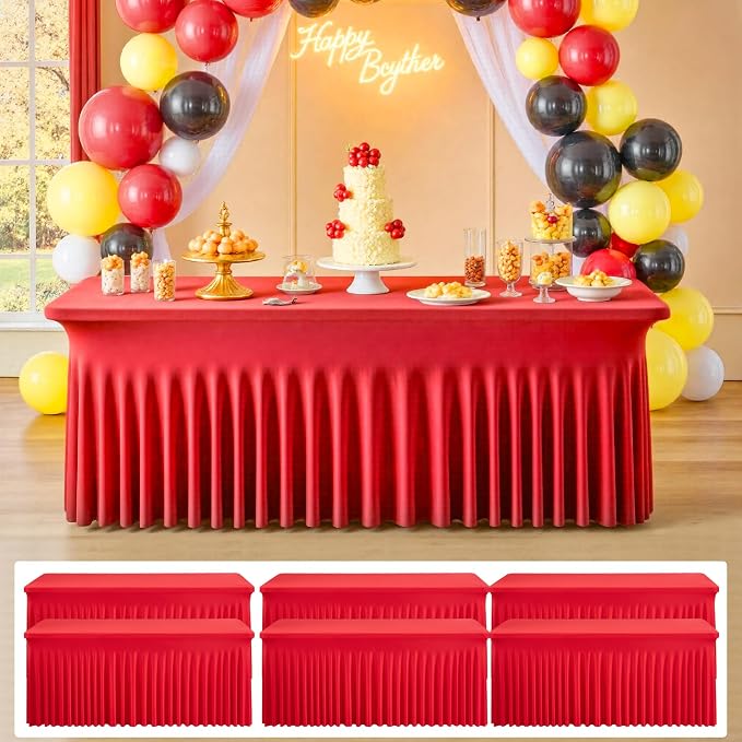 6 pk Red Spandex Tablecloth 6ft with Ruffle Skirt,Wrinkle Free High Stretch Fitted Tablecloths for 6 Foot Rectangle Tables,Pleated Skirts Spandex Table Covers 6ft for Christmas Party Banquet Wedding