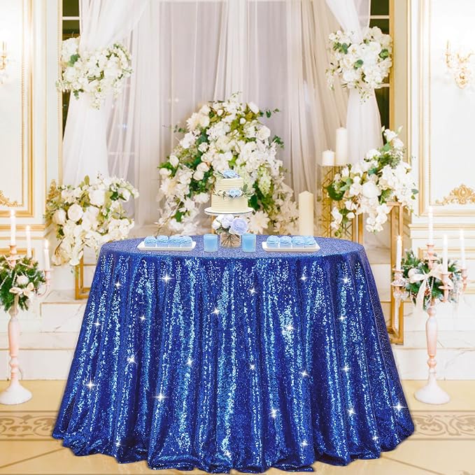 B-COOL Round Sequin Tablecloth Sparkle Party Decorations: 90 Inch Table Cloth Royal Blue Sequin Fabric Overlay for Indoor Outdoor Dining Parties Home