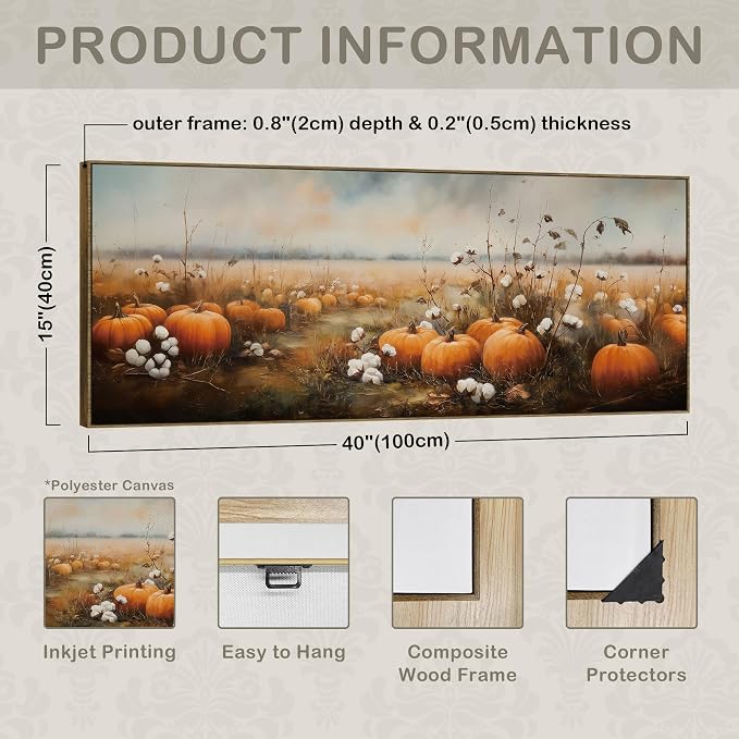 TLESKE Vintage Fall Pumpkin Farmhouse Large Wall Art Decor Framed 15x40 | Autumn Pumpkin Field Landscape Canvas Wall Art Print for Bedroom Living Room, Rustic Farm Harvest Wall Artwork Picture