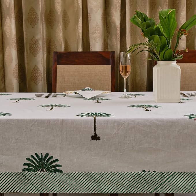 Ridhi Green Palm Hand Block Print Cotton Rectangle Tablecloth 160" x 72" inches Reusable Table Cover Decorative Everyday Use for Dining Room, Farmhouse, Home Gift for Spring, Mother's Day