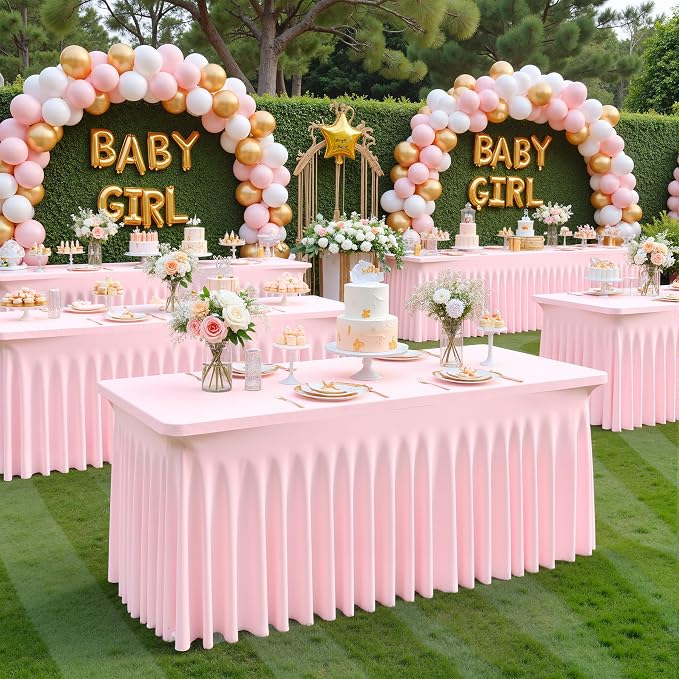 2 Pack Pink Spandex Tablecloths for Rectangle Tables 6 Foot Pink Stretch Table Cloth Rectangle 6ft Elastic Fitted Table Cover with Skirt for Wedding Baby Shower Girl Birthday Party Banquet Buffet