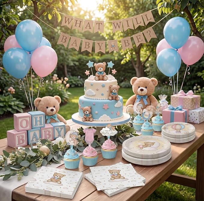 Teddy Bear Gender Reveal Plates and Napkins Set – He or She, What Will It Be – Serves 20, Paper Plates, Napkins – Bear Baby Shower Party Supplies Decorations Tableware for Birthday