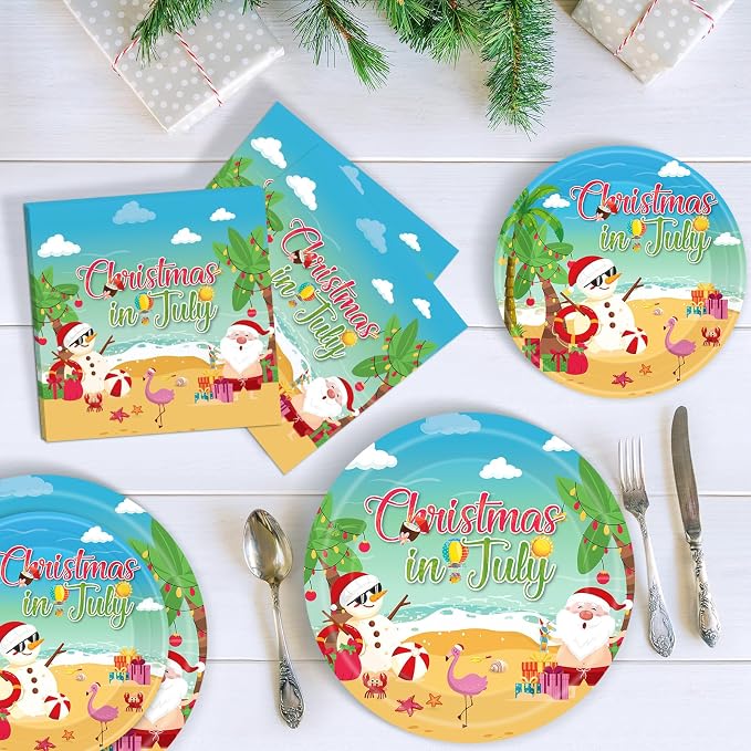 150Pcs Christmas in July Plates and Napkins - Merry Christmas Dinner Dessert Paper Plates Napkins Tableware Set for Hawaiian Beach Summer Xmas Decorations Party Supplies Tables Decor Favors,Serves 50