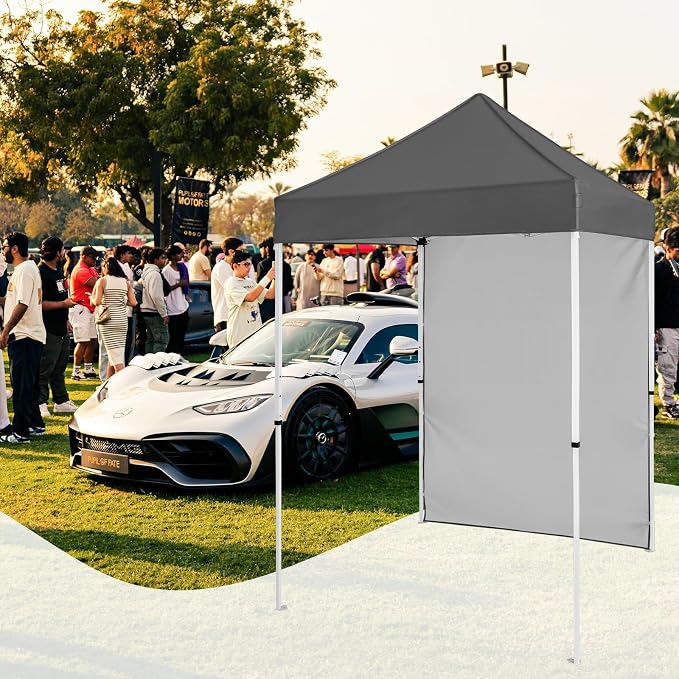 5x5 Pop Up Canopy Tent with One Sidewall, Instant Portable Beach Canopy, Outdoor Tent with Carry Bag for Camping, Sports, Tailgating, Events, Gray