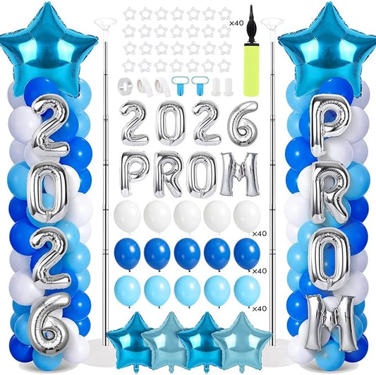 2 Sets Graduation Balloon Column Stand Kit with Balloons Prom Send off 2026 Grad Prom Themed Decor Sky Blue White Blue Balloon Tower Stand for Floor Grad School & College Celebration Party Supplies