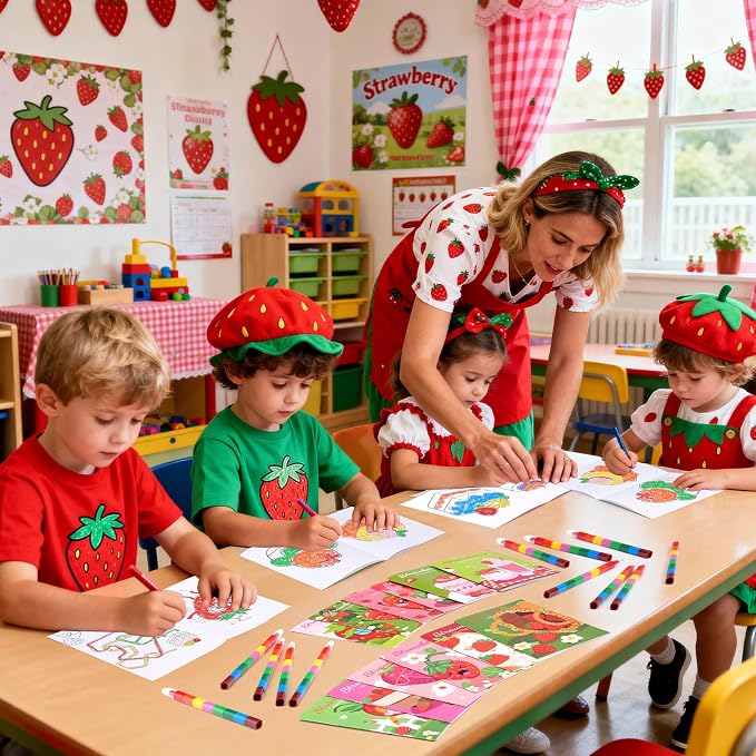 BenLouis 24 Strawberry Mini Coloring Books Kids with 24 Stacking Crayons Berry Party Favors Activity Books Bulk for Kids Girl Fruit First Goodie Bag Gift Stuffer Classroom Reward